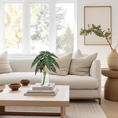 2 Psc Green Alocasia Leaves Real Touch Faux Greenery Stems in Vase with Faux Water, 13.8" Small Fake Plants Artificial Greenery Silk Plants for Home Decor Indoor, Kitchen Bedroom Bathroom Living Room Coffee Table Centerpiece