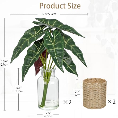 2 Psc Green Alocasia Leaves Real Touch Faux Greenery Stems in Vase with Faux Water, 13.8" Small Fake Plants Artificial Greenery Silk Plants for Home Decor Indoor, Kitchen Bedroom Bathroom Living Room Coffee Table Centerpiece