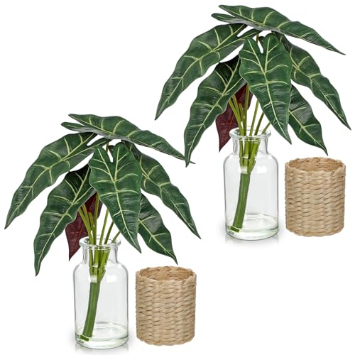 2 Psc Green Alocasia Leaves Real Touch Faux Greenery Stems in Vase with Faux Water, 13.8" Small Fake Plants Artificial Greenery Silk Plants for Home Decor Indoor, Kitchen Bedroom Bathroom Living Room Coffee Table Centerpiece