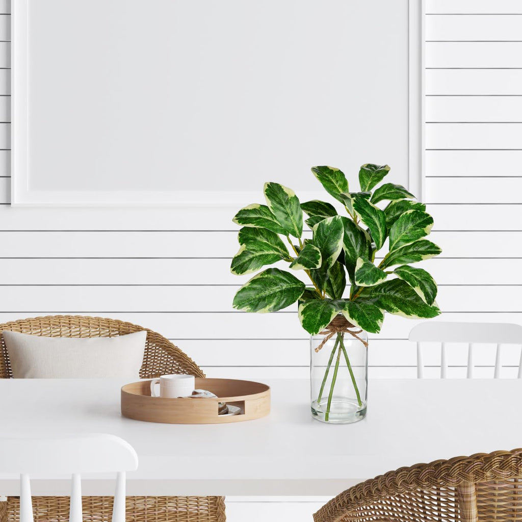 2 Psc Green Fiddle Leaves Real Touch Faux Greenery Stems in Vase with Faux Water, 13.8" Small Fake Plants Artificial Greenery Silk Plants for Home Decor Indoor, Kitchen Bedroom Bathroom Living Room Coffee Table Centerpiece