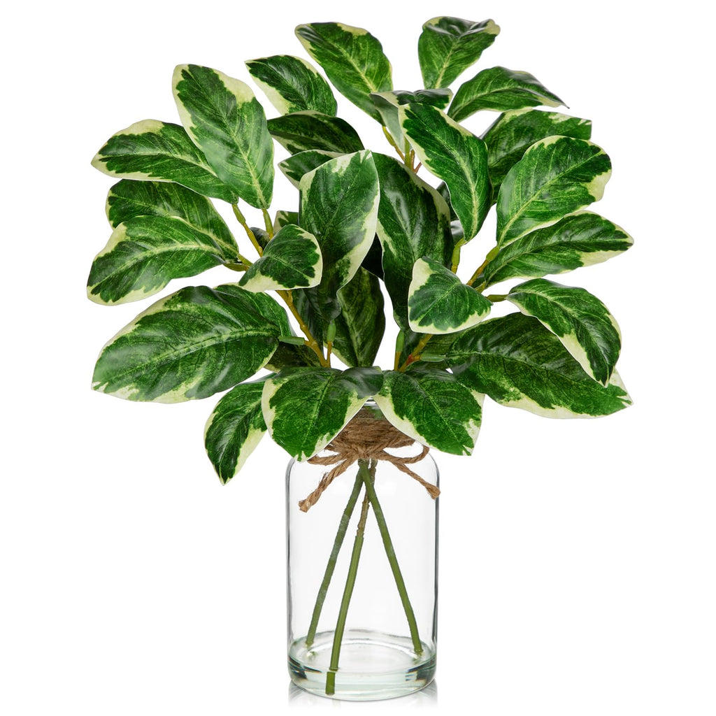 2 Psc Green Fiddle Leaves Real Touch Faux Greenery Stems in Vase with Faux Water, 13.8" Small Fake Plants Artificial Greenery Silk Plants for Home Decor Indoor, Kitchen Bedroom Bathroom Living Room Coffee Table Centerpiece