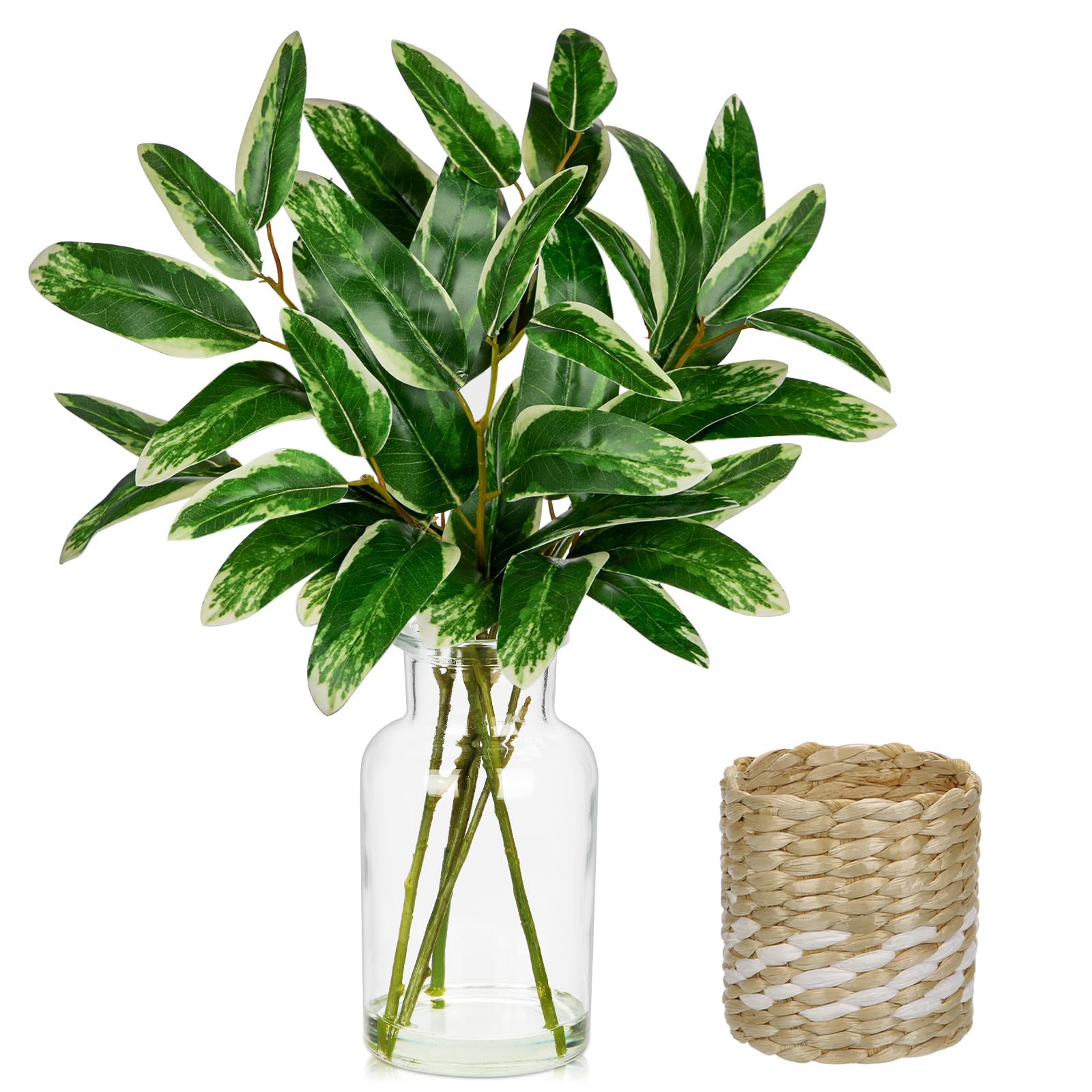 2 Psc Green Eucalyptus Leav Real Touch Faux Greenery Stems in Vase with Faux Water, 13.8" Small Fake Plants Artificial Greenery Silk Plants for Home Decor Indoor, Kitchen Bedroom Bathroom Living Room Coffee Table Centerpiece