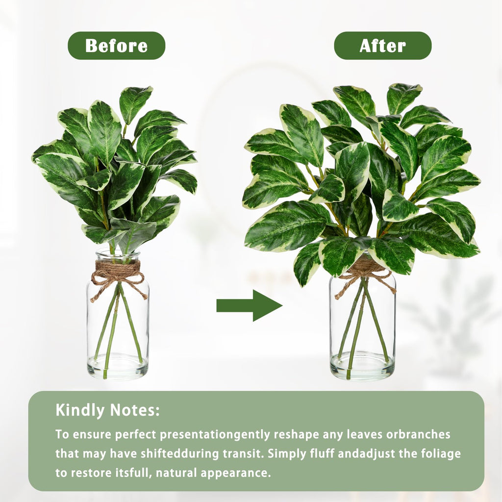 2 Psc Green Fiddle Leaves Real Touch Faux Greenery Stems in Vase with Faux Water, 13.8" Small Fake Plants Artificial Greenery Silk Plants for Home Decor Indoor, Kitchen Bedroom Bathroom Living Room Coffee Table Centerpiece