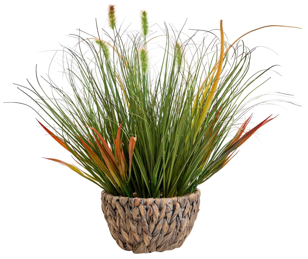 17.5 Inch Artificial Grass Plant with Pebbles Full Realistic Faux Plant Featuring Natural Curved Grass Leaves in Green and Red Brown Tones, Rustic Woven Pot Fake Plant for Home Office Decor