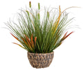 17.5 Inch Artificial Grass Plant with Pebbles Full Realistic Faux Plant Featuring Natural Curved Grass Leaves in Green and Red Brown Tones, Rustic Woven Pot Fake Plant for Home Office Decor